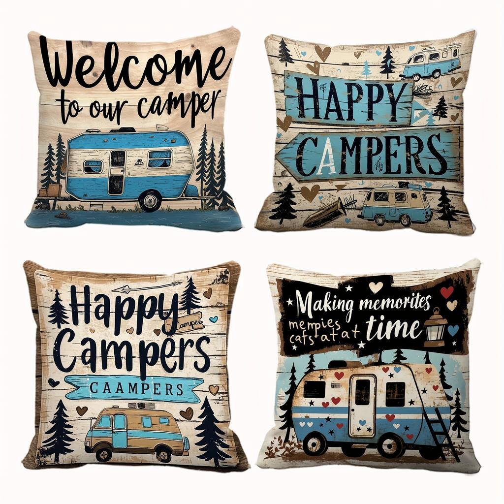 Vintage Country Camping Pillow Covers Square Cushion Covers Camper Vans Pine Trees Adventure Outdoor Nature Home Decor Sofa Room