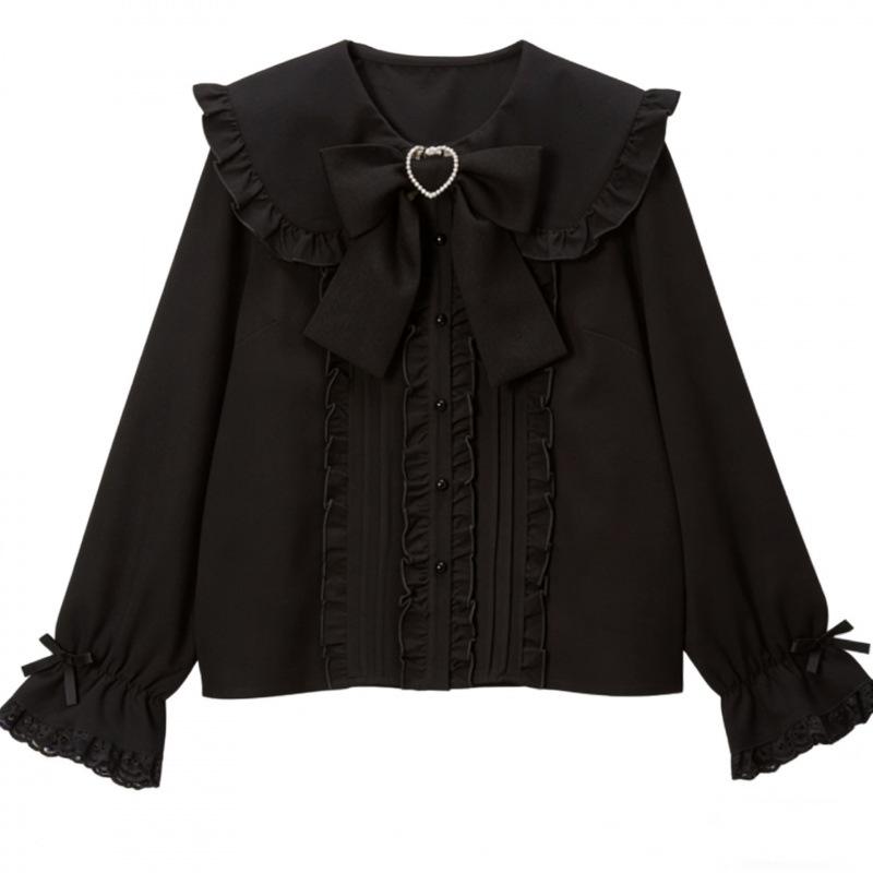 Cross-Border Europe Cute Versatile Japanese Style Bow Long Sleeve Ruffle Shirt for Women