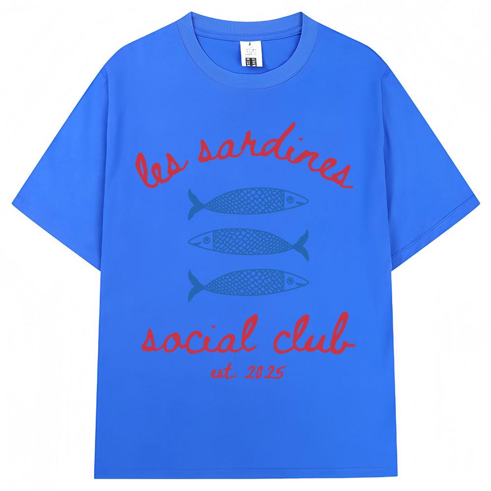 Les Sardines Social Club Graphic T Shirt Summer Fashion Vintage   Short Sleeve Oversized Cotton Casual Tees Streetwear