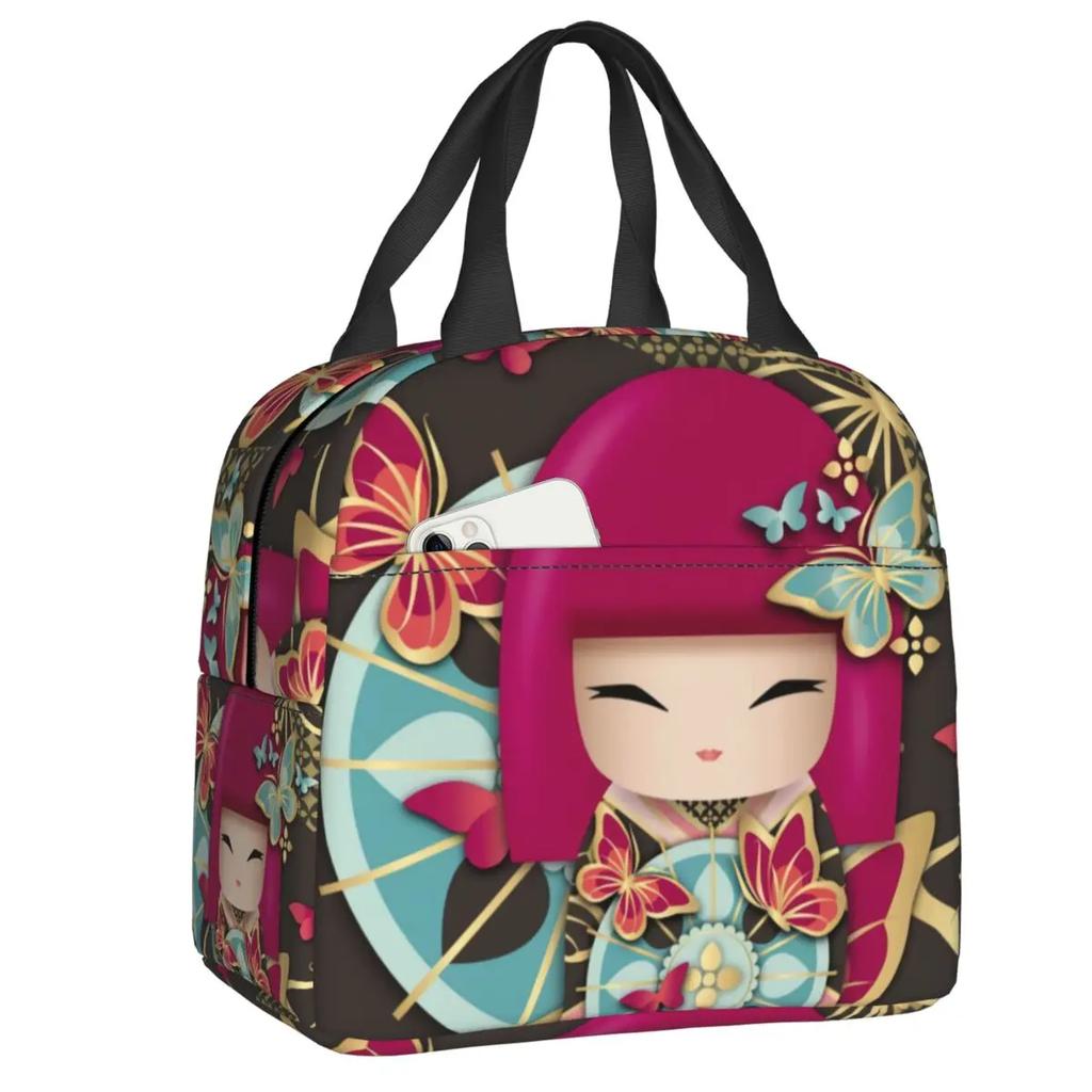 Japanese Spring Kokeshi Doll Insulated Lunch Bags Cute Girly Sakura Cherry Blossom Resuable Thermal Cooler Bento Box