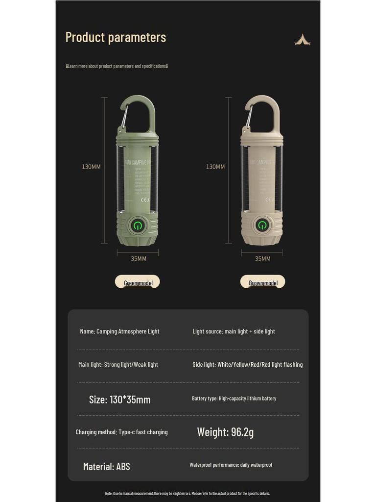 Portable Waterproof Camping Light with Type-C Charging, Hook, and Emergency Lighting