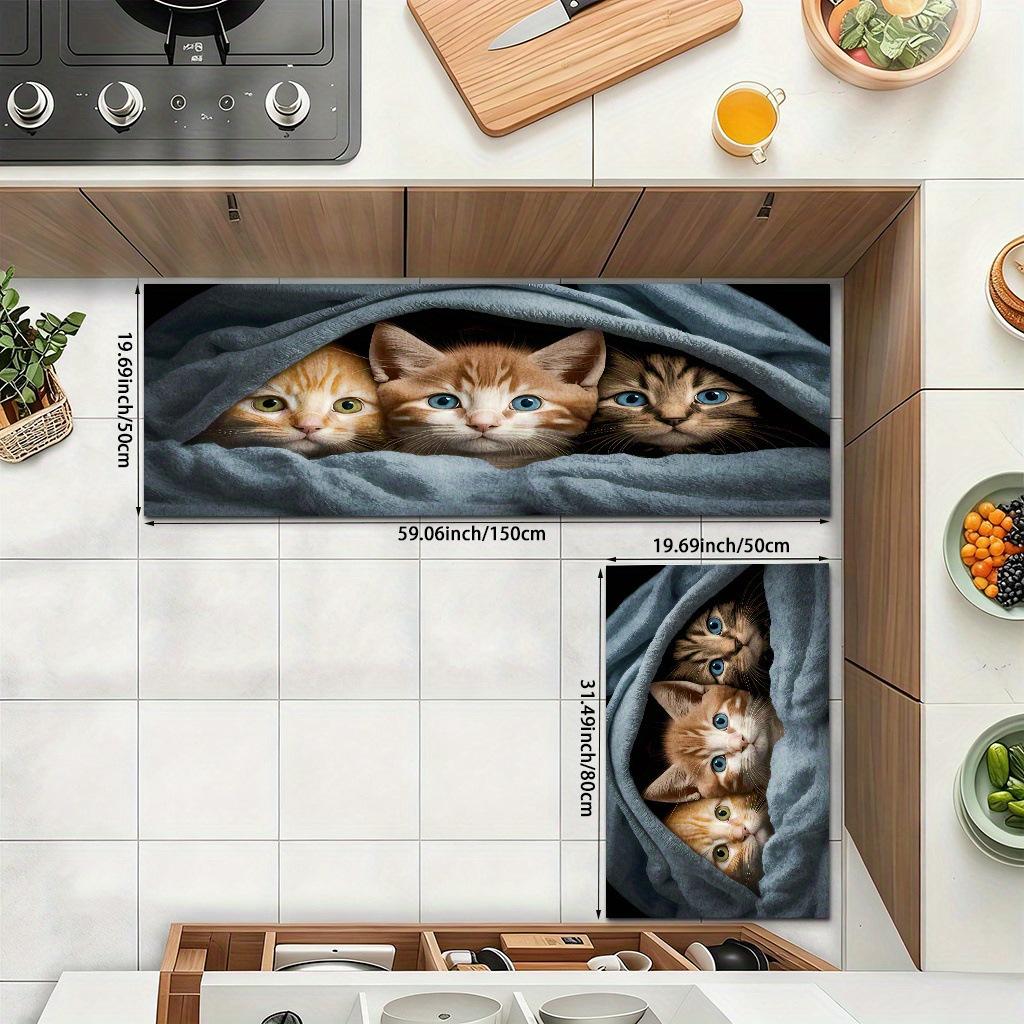 Non-Slip Waterproof Kitchen Mat with Kitten Print - Thick Cushioned Anti-Fatigue Comfort, Heavy Duty, 60cm X 180cm