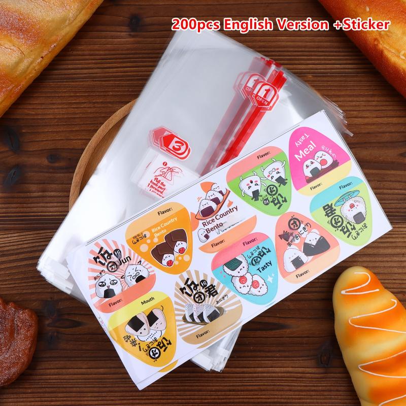 Bolsa de Embalaje Triangular para Bolas de Arroz de 200 Piezas con Pegatinas Molde Alga Marina Nori Onigiri Sushi Bolsas de Regalo de Plástico Accesorios Bento