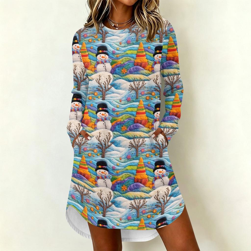 Women's Trendy Casual Christmas Print Long Sleeve Neck Dress for Holiday Party