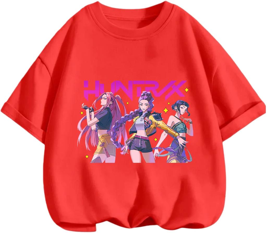Playful Cartoon Kpop Demon Hunters Kids Tee Summer Casual Round Neck Design Daily School And Outdoor Wear Boys Girls Tops