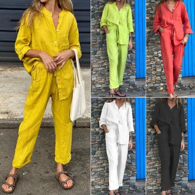 Summer New Women's 2 Piece Set Large Size Cotton Linen Shirt Set High Waist Loose Trousers