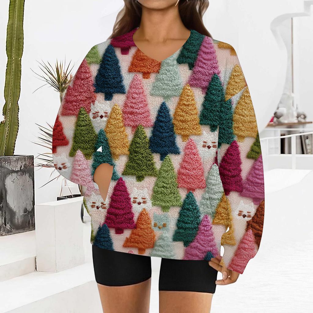 Women's Fashionable Christmas Print Long-sleeved V-neck Sweatshirt