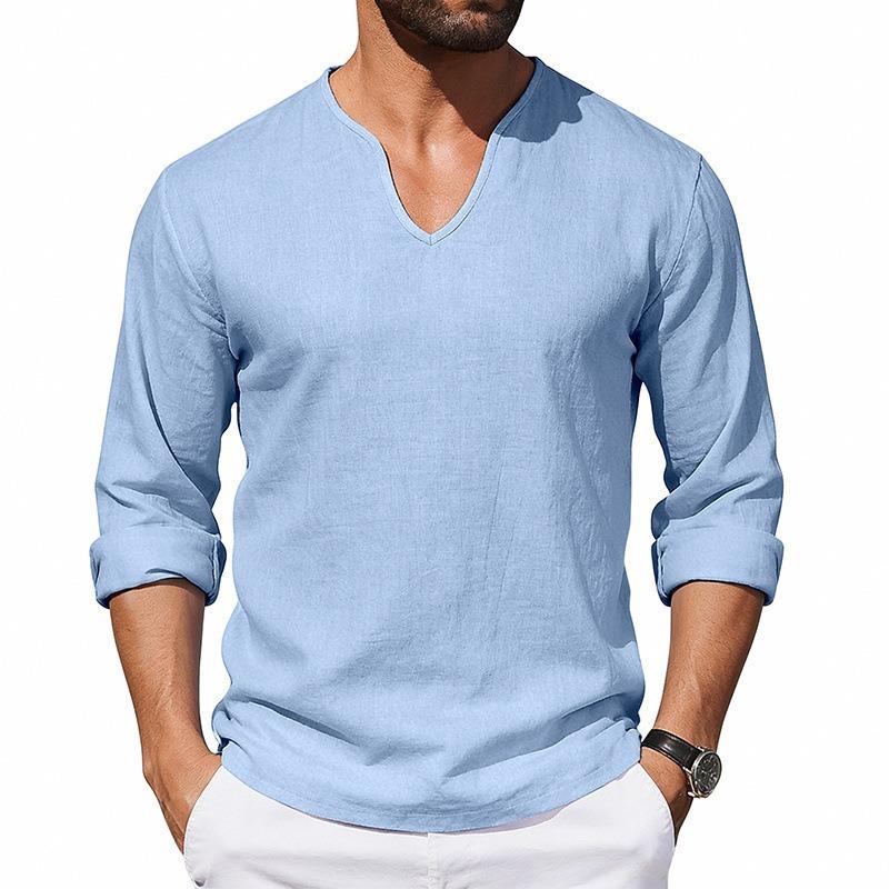 Men Casual Loose V Neck Long Sleeve Linen T Shirt Big Size