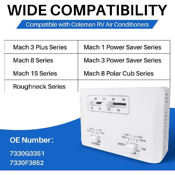 OEM 7330G3351 RV Thermostat Compatible With Coleman Mach Series, 6-Wire Single Stage Heating/Cooling Control Unit For RV AC Systems,12V DC, Bar