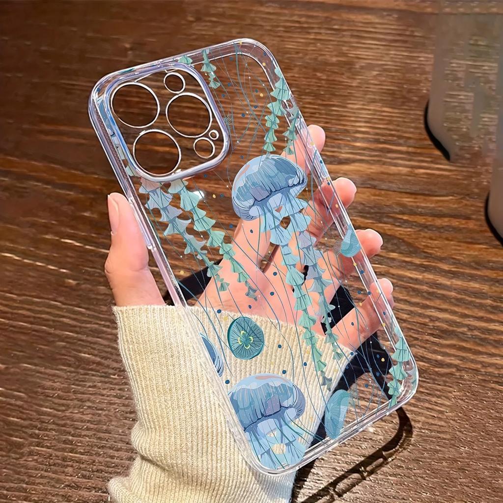 Jellyfish Pattern All-Inclusive Anti-Fall Phone Case for IPhone17 16 15 14 13 12 11 Pro Max Transparent Silicone Soft Cover
