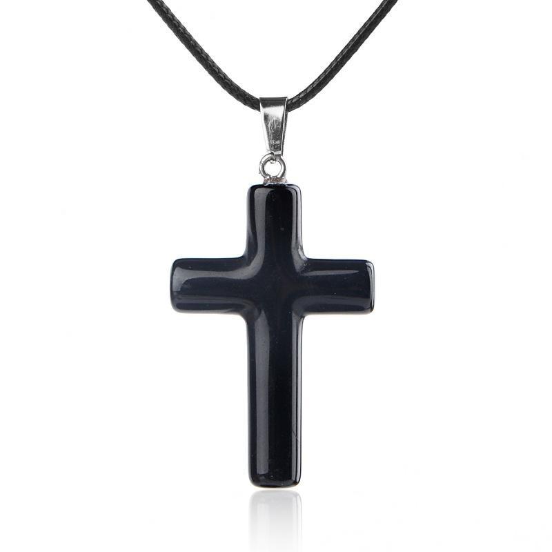 1Pc Handmade Carved Cross Natural Stone Pendant Necklace For Women Men Healing Chakra Crystal Charms Choker Jewelry