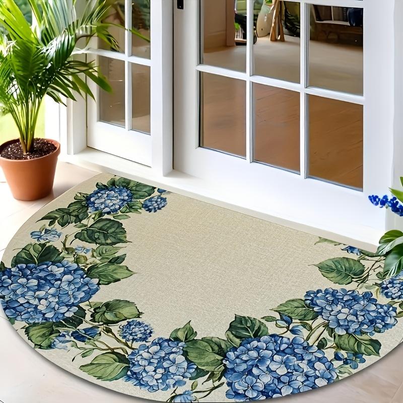 1Pcs Cream Blue Hydrangea Semi Circle Welcome Doormat Non-Slip for Outdoor Patio Porch Kitchen Bathroom Entryway Floor Mat