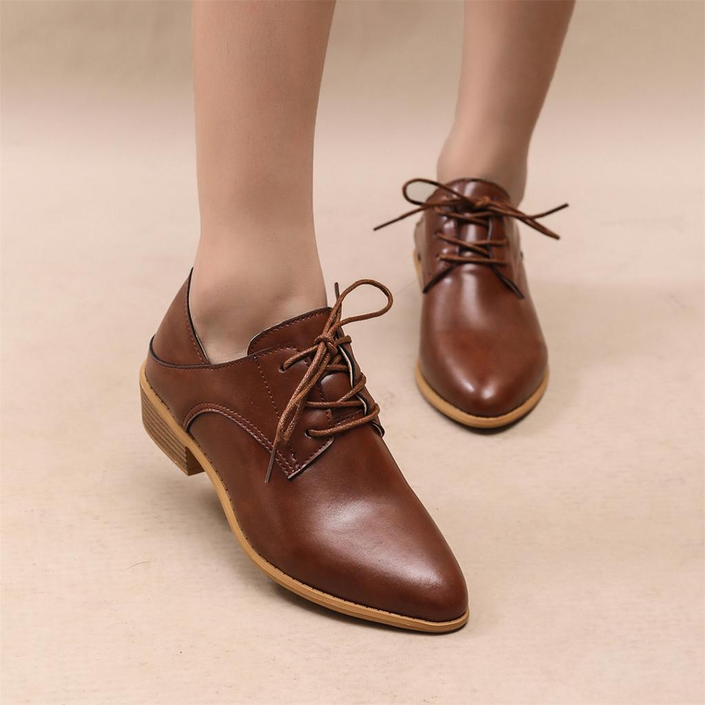 Plus Size Women's Shoes 2025 Spring/Fall New Arrival British Vintage Style Pointed Toe Lace-Up Chunky Heel Low-Top Flats