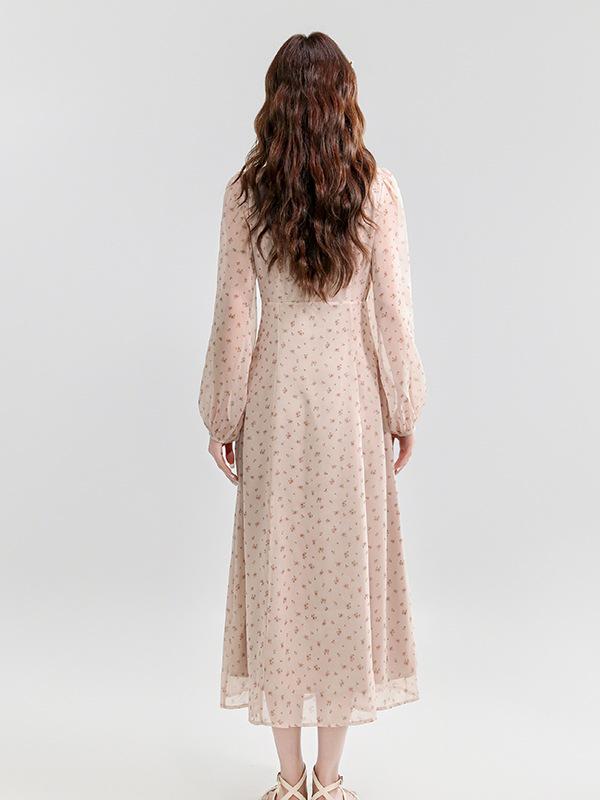 Spring/Summer French Pink Floral Chiffon Tie-Up Slimming Long Dress