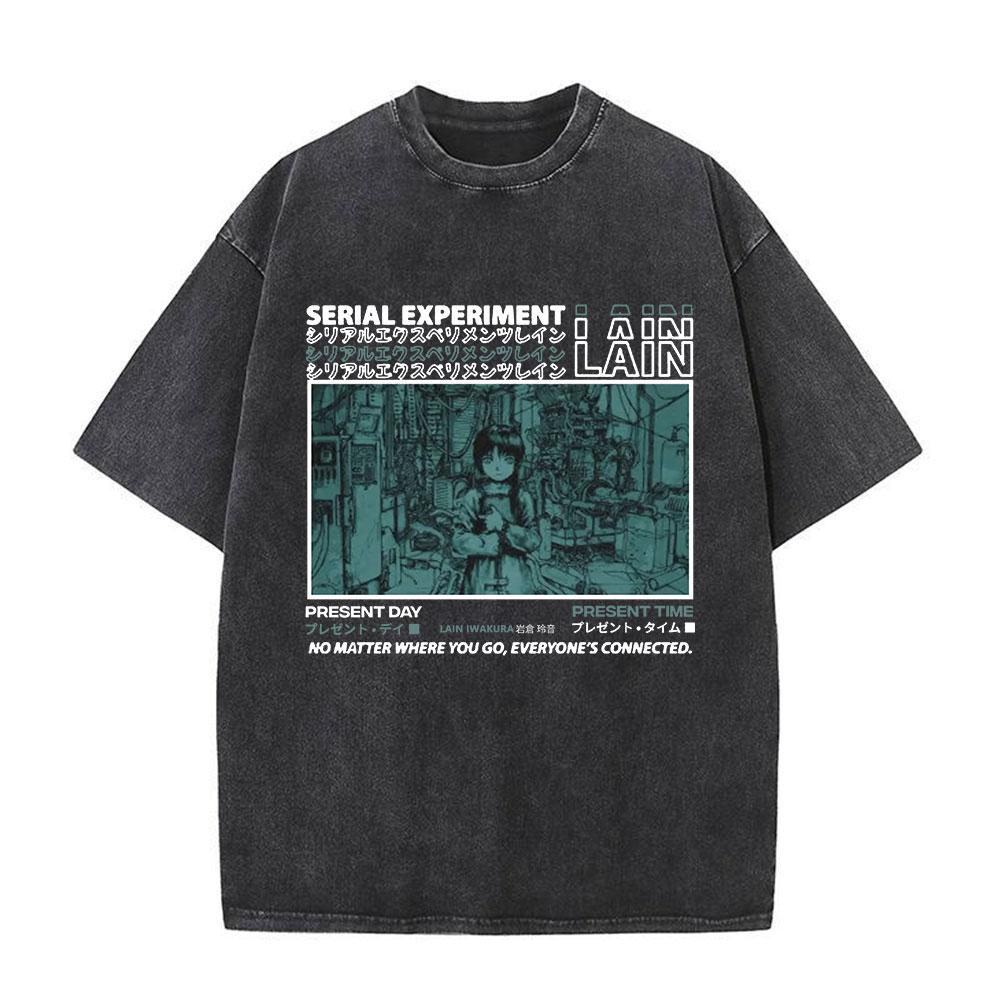 Japanese Anime Serial Experiments Lain Vintage Washed T Shirt Manga Iwakura Girl Sci Fi T-shirts Men 100% Cotton Casual T Shirt