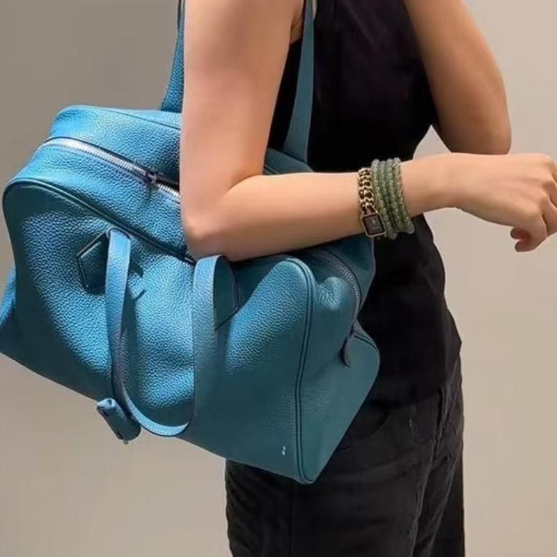 Branded Premium Leather Boston Bag Blue Large-capacity Rectangular Sports Shoulder Bag Casual And Versatile Travel Tote Bag New