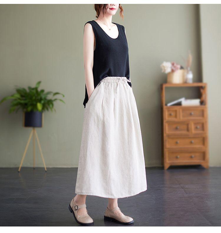Embroidered High-Waisted A-line Cotton Midi Skirt: Slimming, Elastic Waist, Literary Style, Wide Hem for Women