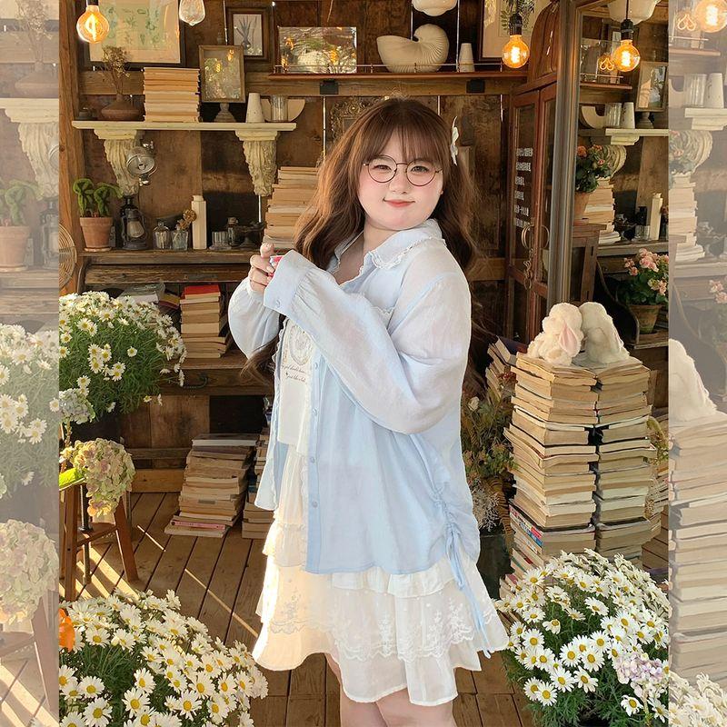 Plus-Size Women's Clothing: Stylish Lace Bow Shirt and Halter Neck Printed Strap Cake Dress Set