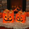 Collapsible Festival Storage Boxes 3Pcs Lighted Halloween Pumpkin Gift Boxes Spooky Face Glowing Decorative Pine Branch Accents Presents Box