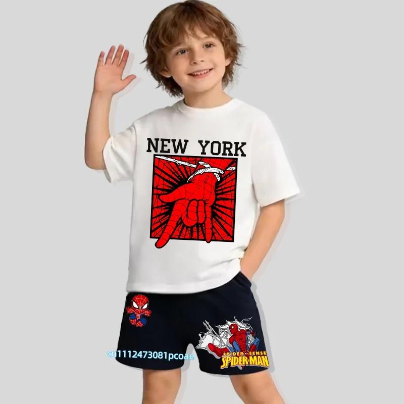 Boys' Summer Cartoon Spider-Man Short-Sleeve T-Shirt and Shorts Two-Piece Casual Sports Outfit