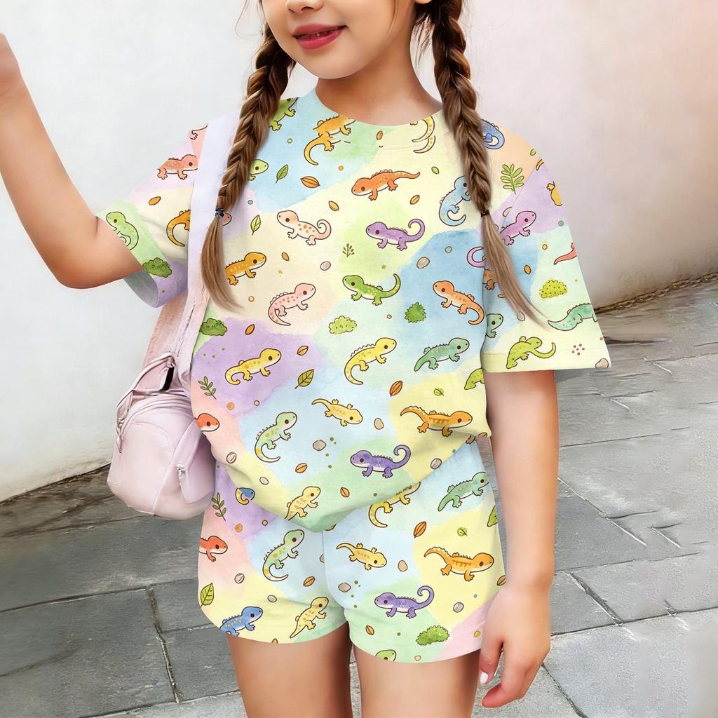 Kids Casual Short Sleeve Top and Shorts Set Animal Print Lightweight Comfortable Summer Outfit for Boys and Girls