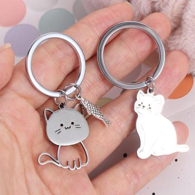 Lovely Stainless Steel Cat Fish Keychain Key Holder Pendant Cat Key Ring Animal Cartoon Kittens Keychain Bag Charm