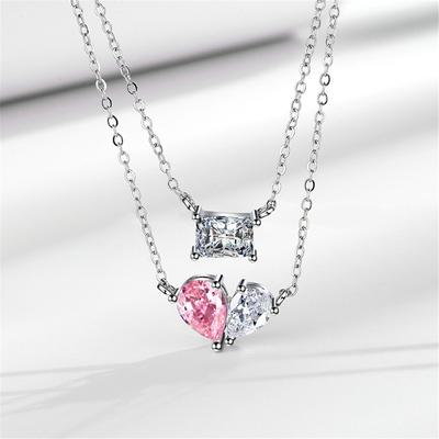 Luxury Female Crystal White Pink Zircon Stone Square Water Drop Pendant Necklace Vintage Silver Color Wedding  For Women