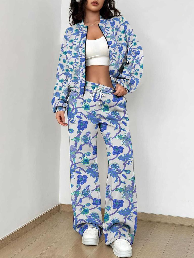 Striped Autumn And Winter New European And American Women'S Clothing Pink Flower Printing Suit Women