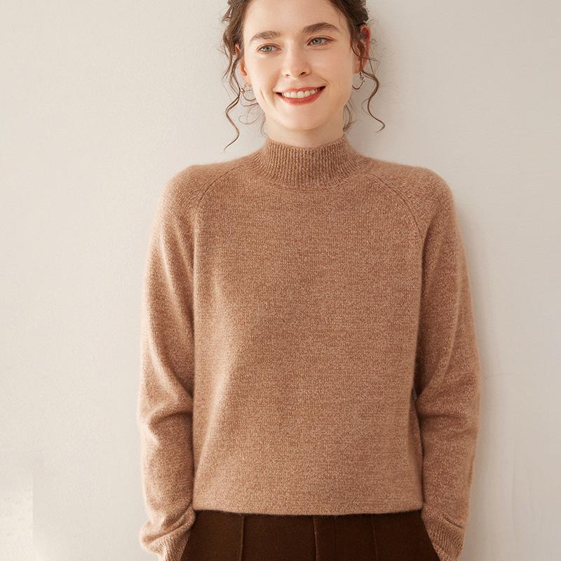 Women's Cashmere Floral Raglan Sweater, Double-Ply, Half-High Collar, Luxurious Knit