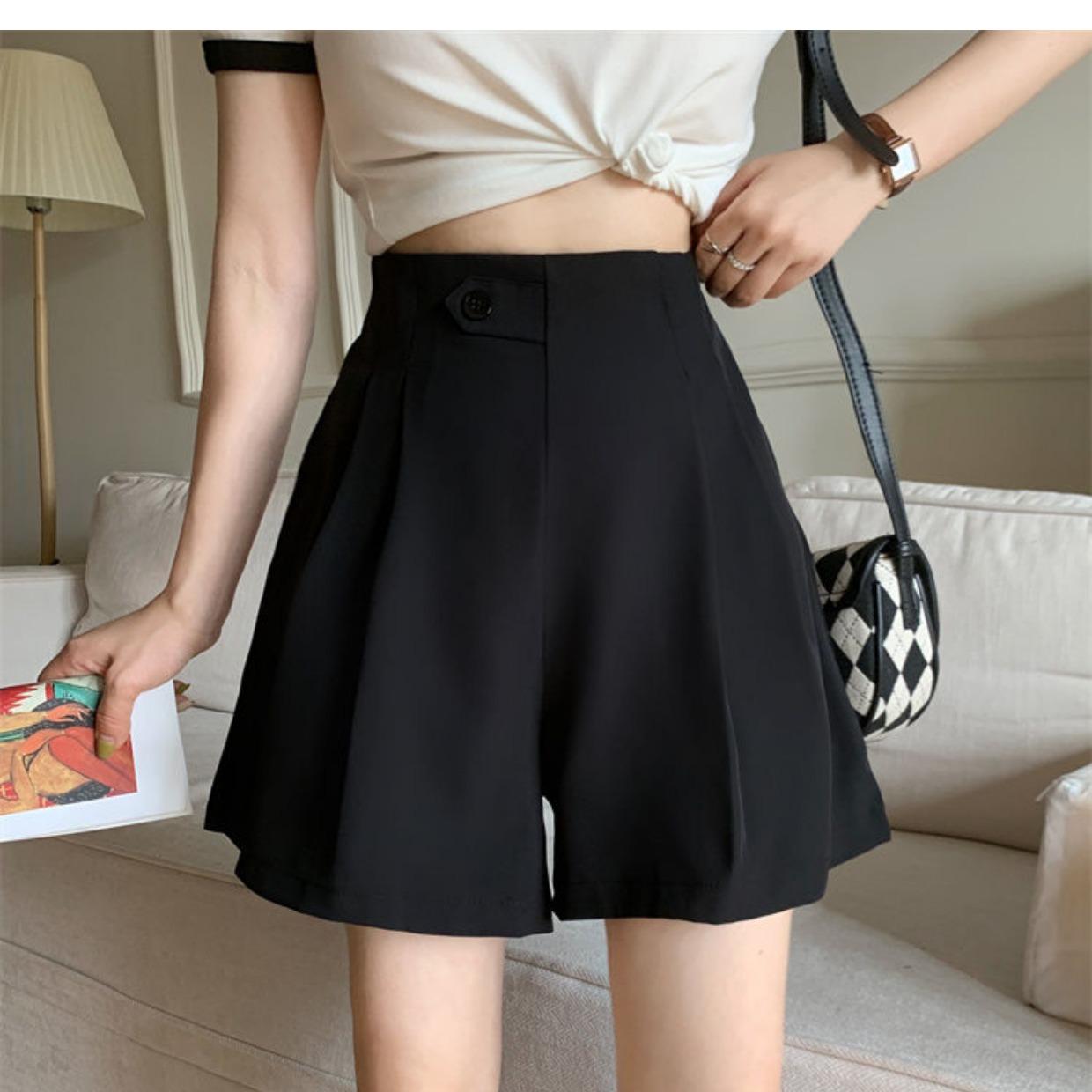 

2024 Женские летние шорты А-силуэта с высокой талией и широкими штанинами 3XL чёрный