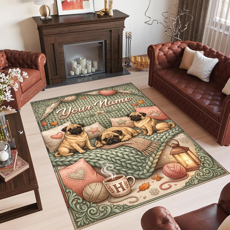Pug Theme Crystal Velvet Floor Rug Personalized Custom Name Text Warm Carpet Home Decoration