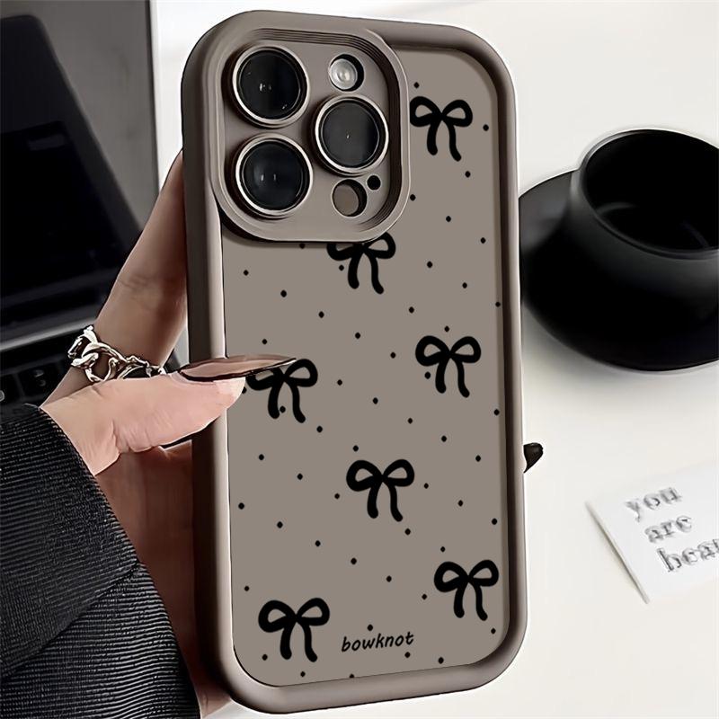 Black Bowknot Print TPU Soft Case For iPhone 16 Pro Max 15 Pro 14 13 12 11 XR XS 8 7 Lens Protection Shockproof Matte Phone Cover