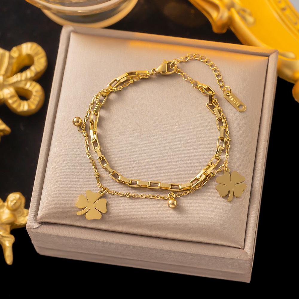 Women's Fashion DIY Double layer Stainless Steel Four Leaf Flower Bracelet Zircon Suitable for Date, Party, Festival Gifts