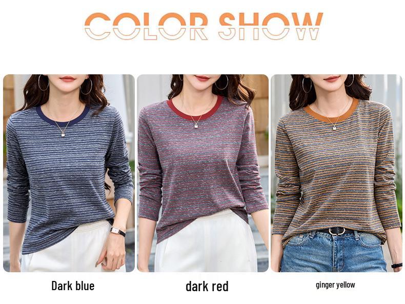 Women's Plus Size Striped Color Block Crew Neck Long Sleeve T-Shirt – Slimming, Versatile Autumn Base Layer Top