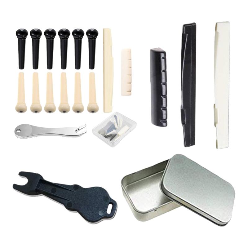 Acoustic Guitar Bridge Pin Set with Saddles and Metal Puller Tool Suitable for Easy String Replacement and Maintenance