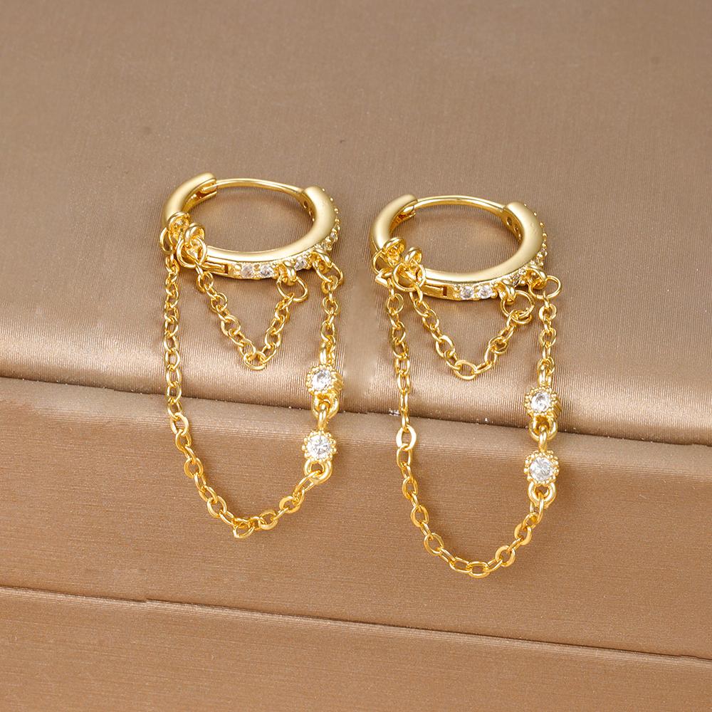 New Arrival Double Chains Long Tassel Drop Earrings For Women Korean Stainless Steel Zircon Hanging Earring Piercing Jewelry