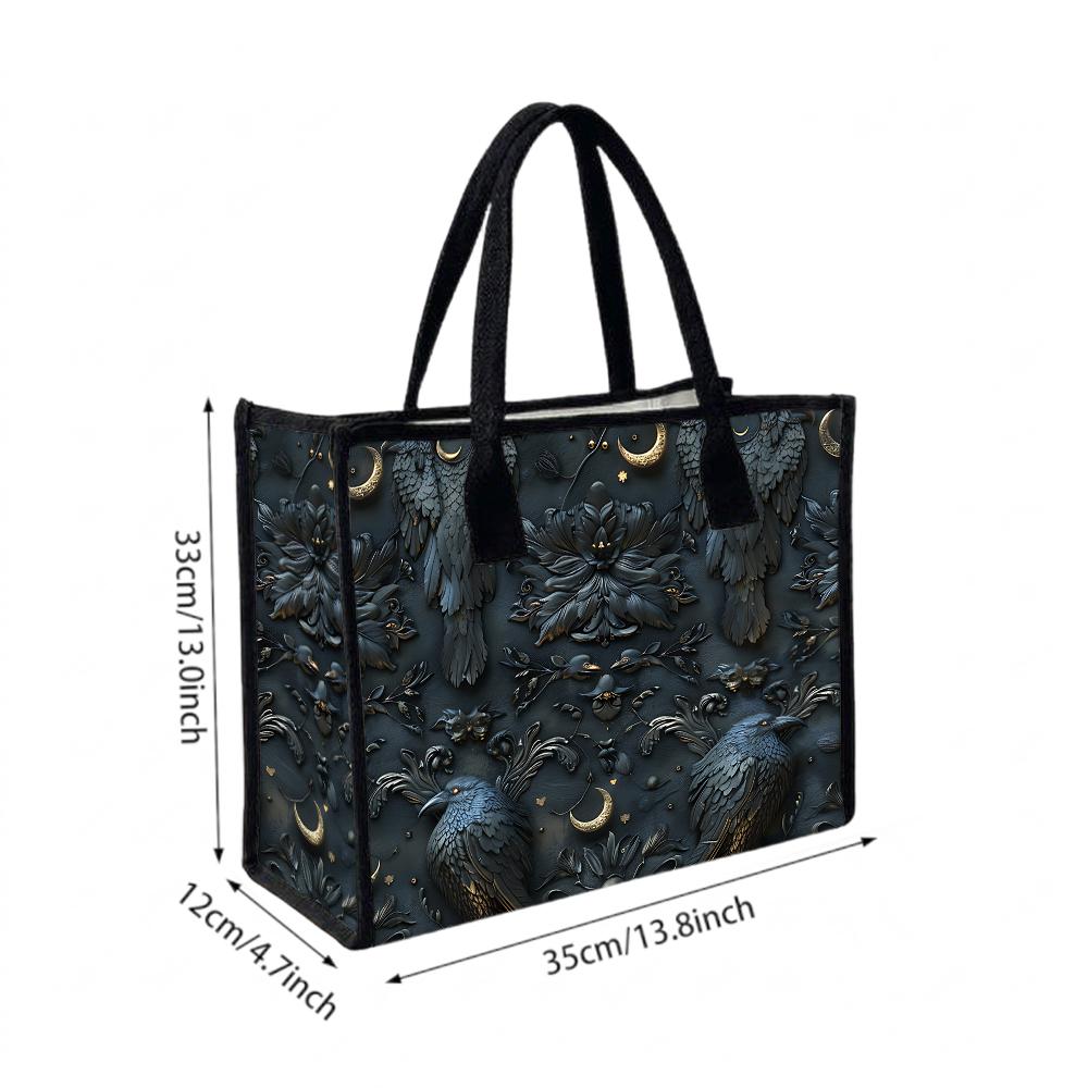 Gothic Crow Moon Embossed Pattern Casual Large Tote Handbag For Daily Use