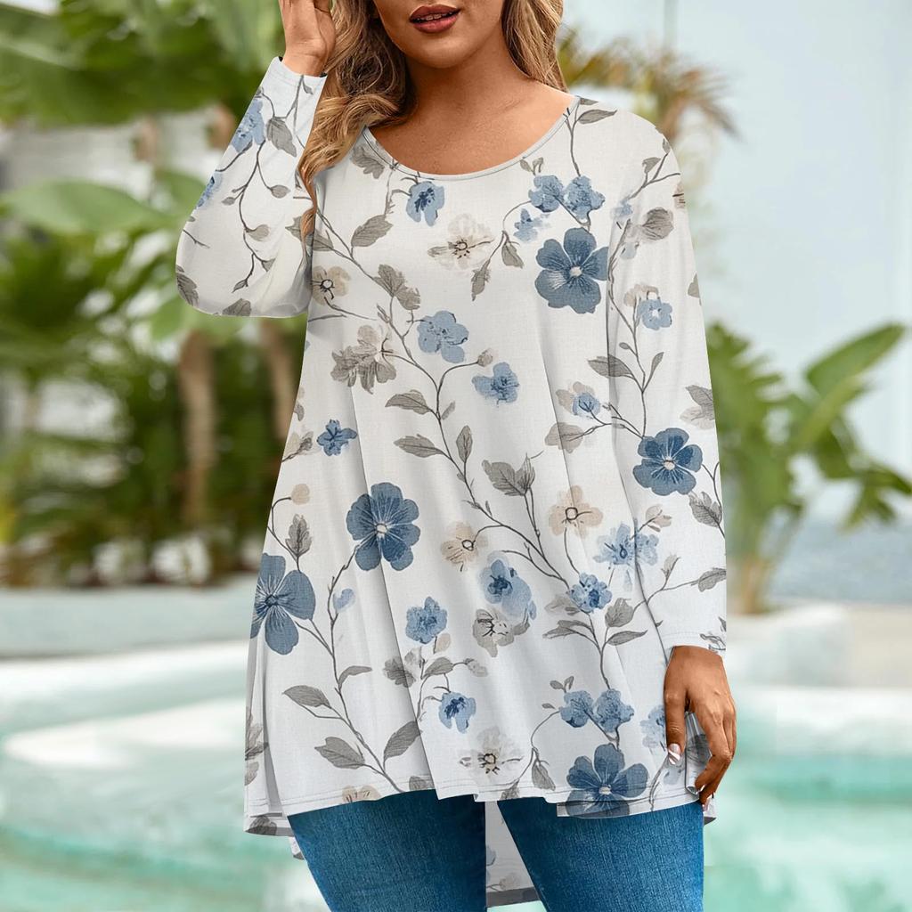 Women's Fashion Large Size Round Neck Long Sleeve Casual Print Loose Pullover Top