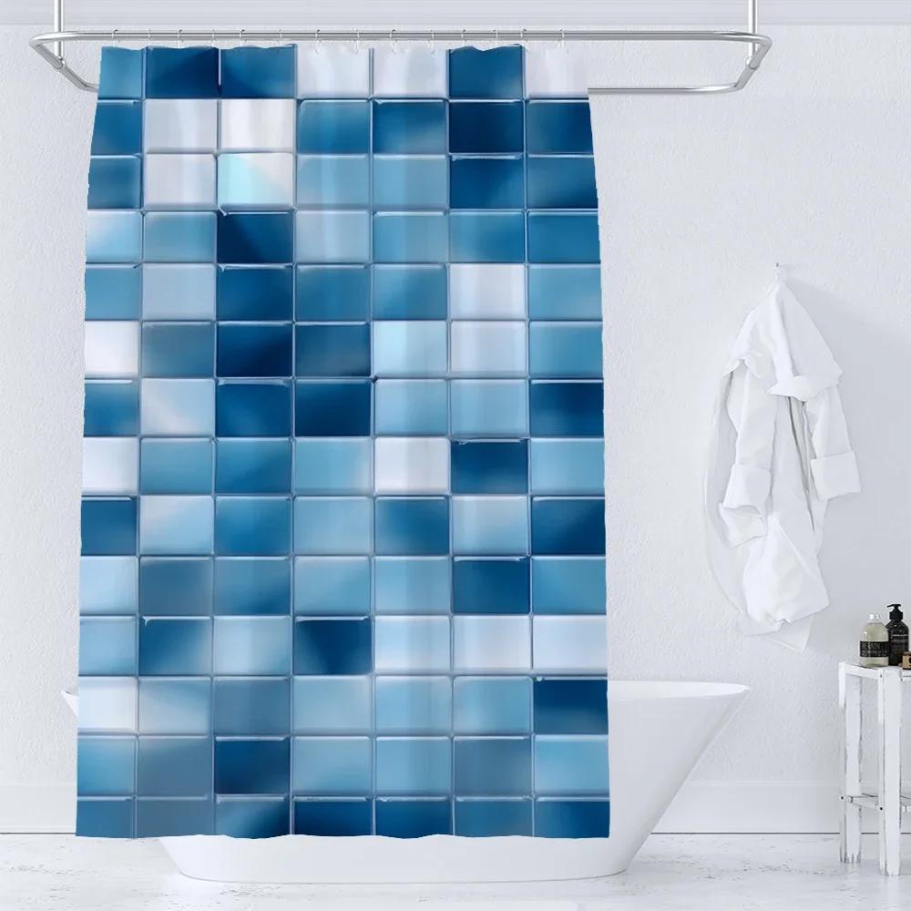 Tende da Doccia con Motivo a Mosaico Blu Tenda da Bagno Impermeabile in Poliestere Geometrica per Bagno Decorazione della Casa Tenda con Ganci