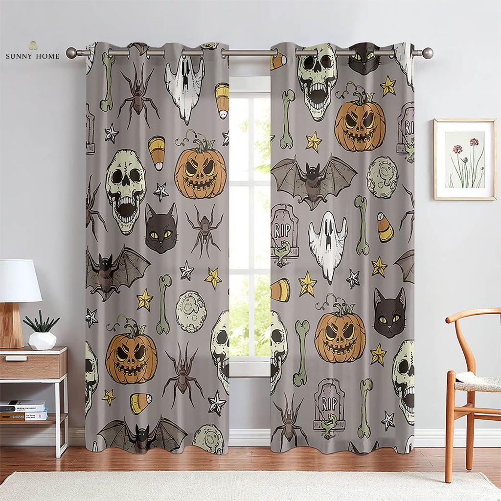 Halloween Skull Cartoon Print Curtains Suitable For Children's Room Living Room Restaurant Holiday Party Decoration Curtains