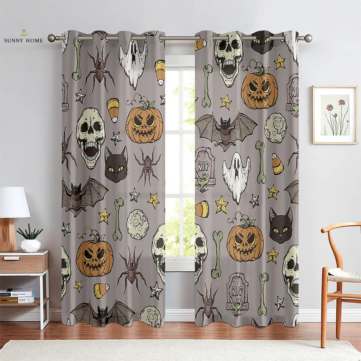 

Halloween Theme Skull Design Cartoon Style Pattern Print Window Curtains Ideal For Children Room Living Space Restaurant Holiday Gathering W50xH140(CM)x2PCS&Grommet Top