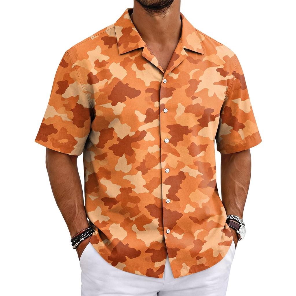 Men's Camouflage Short Sleeve Cuban Collar Shirt Lightweight Breathable Casual Button Down Shirt Summer Beachwear