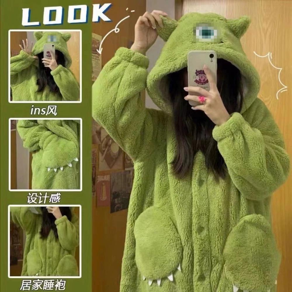 **Kadın Flanel Pijama Takımı Yuvarlak Yaka Jakarlı Uzun Peluş Kalın Sıcak Ev Giyimi**