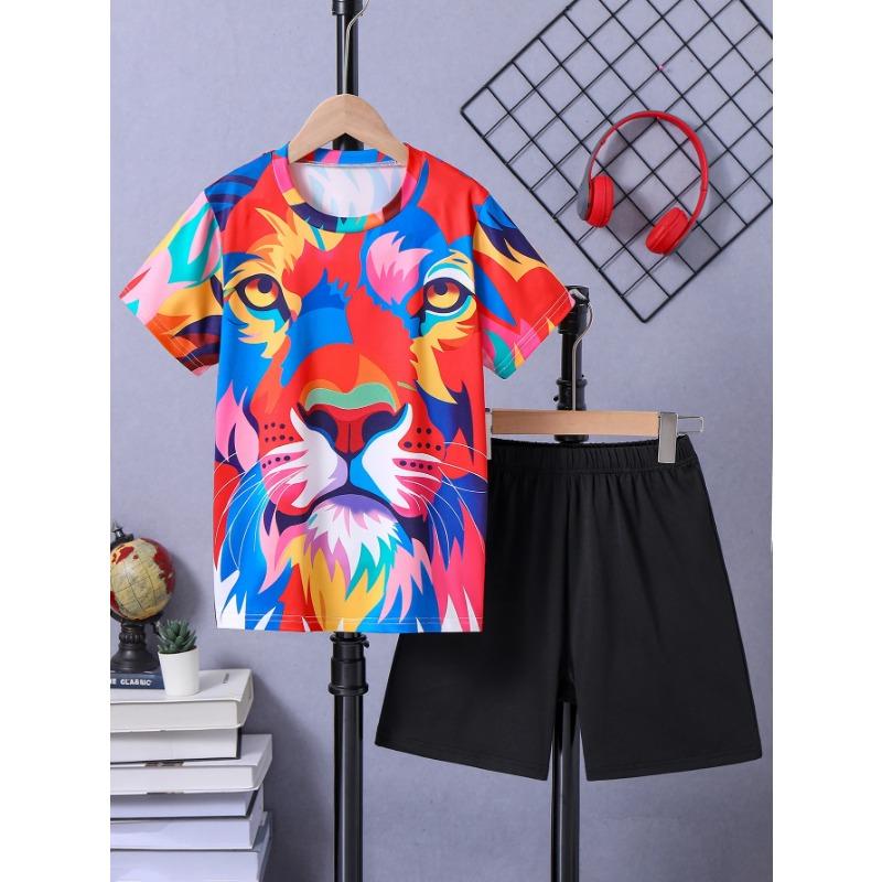 Directional Hot-Selling Two-Piece Set for Boys, Cool Lightning Graffiti Short-Sleeved Shorts Set, Simple and Fashionable Style
