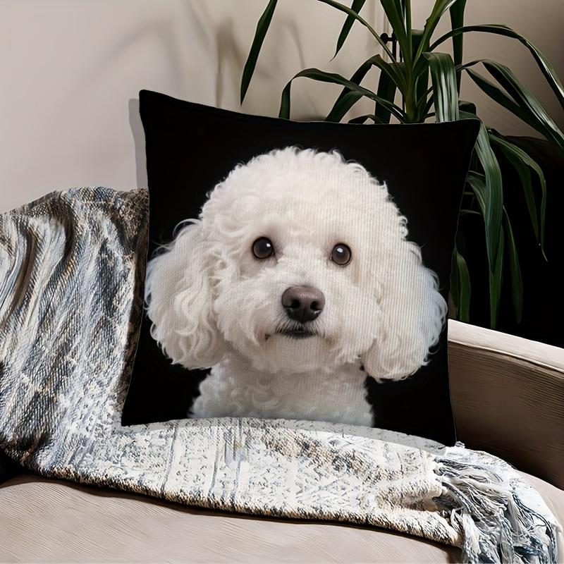 1Pc White Curly Haired Dog Print Throw Pillow Cover,Suitable For Sofa,Bedroom,Living Room,A Heartwarming Gift For Pet Lovers