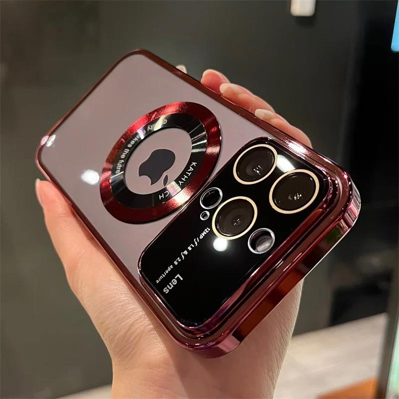 

Magsafe для большого окна с логотипом и отверстием для iPhone 11 14 13 12 15 Pro X XR XS Max 15 14 Plus защитный чехол для камеры и зарядки For iphone 14 красный