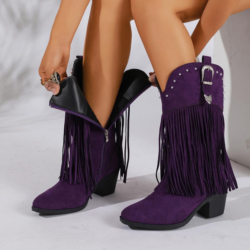 New Western high-heeled pointed tassel medium boots suede thick heel comfortable versatile boots large size