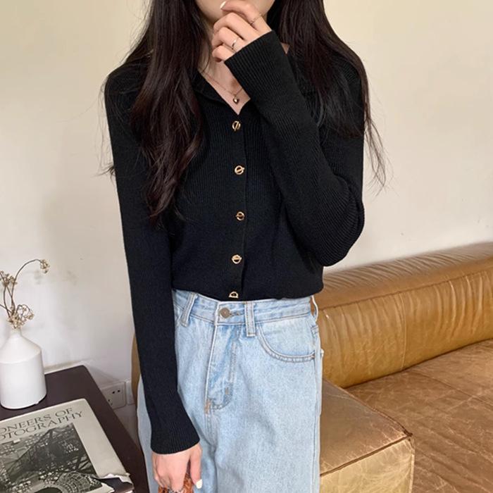 Women's Polo Neck Button-Down Cardigan: Elegant Autumn/Winter Knit Sweater, Ribbed Long-Sleeve Top for a Gentle, Sophisticated Look