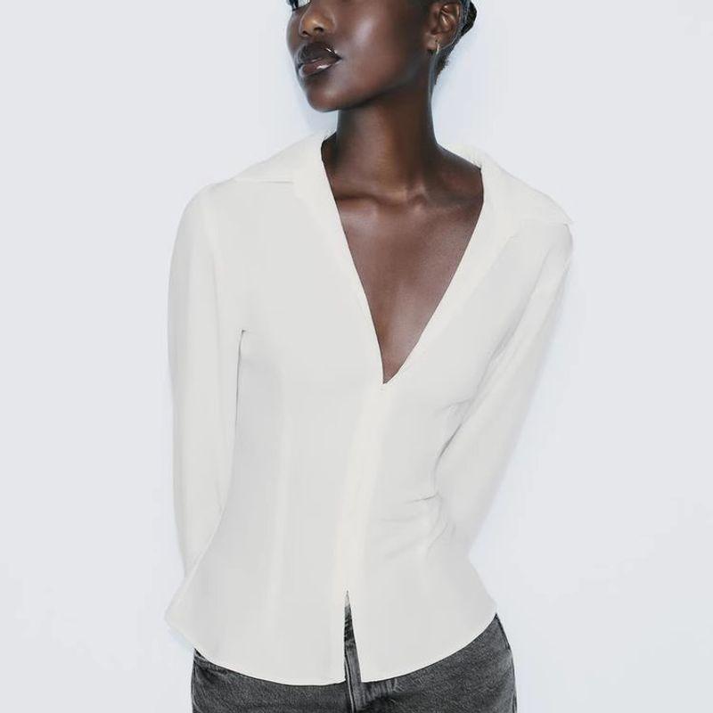 Spring New Women's Clothing Minimalist Easiest for Match Invisible Snap Button Silm Lapel Long Sleeve Shirt 8862319