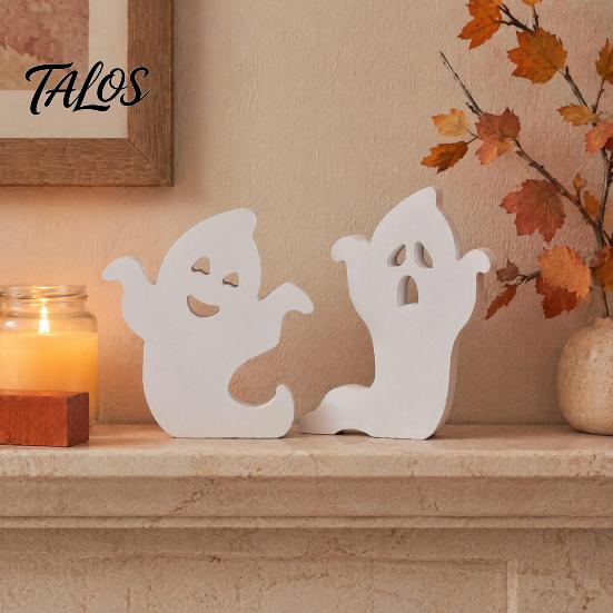 Minimalist Ghost Display Figurine Cute Halloween Wooden Table Sign, Spooky White Standing Photo Prop for Party Block Sign Holiday Tiered Tray